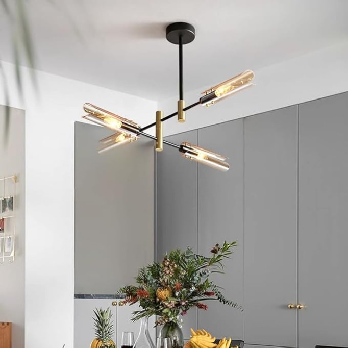Modern Sputnik Chandelier, Black and Gold Semi Flush Mount Ceiling Light Fixture with Tube Glass Shade, Rotatable Mid Century Metal Ceiling Chandeliers for Bedroom Living Room Kitchen