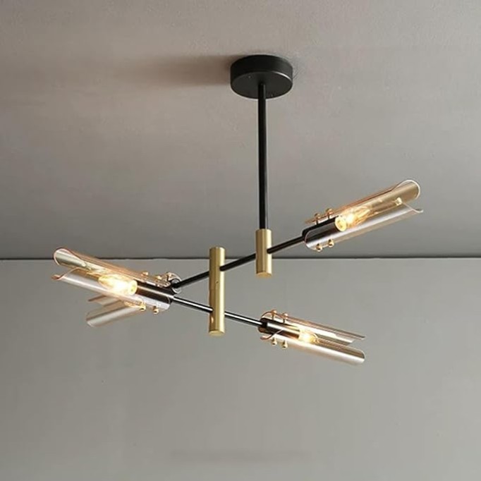 Modern Sputnik Chandelier, Black and Gold Semi Flush Mount Ceiling Light Fixture with Tube Glass Shade, Rotatable Mid Century Metal Ceiling Chandeliers for Bedroom Living Room Kitchen