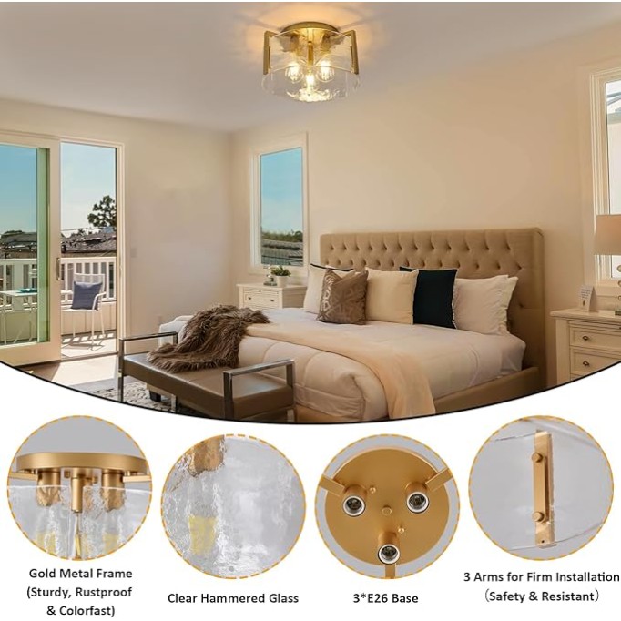 Flush Mount Ceiling Light Fixture Gold, Modern Ceiling Light, Hallway Light Fixtures Ceiling Mount, Dimmable Kitchen Lighting Fixtures Ceiling Lights for Bedroom Bathroom Dining Room Hall Foyer Entry