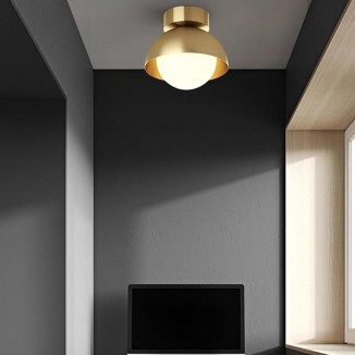 Close To Ceiling Lights White Glass Globe Ceiling Light Mid Century Brass Ceiling Lamp Semi Flush Mount Close to Ceiling Lighting Fixture Compatible with Cloakroom Study Staircase Aisle Corridor Balco