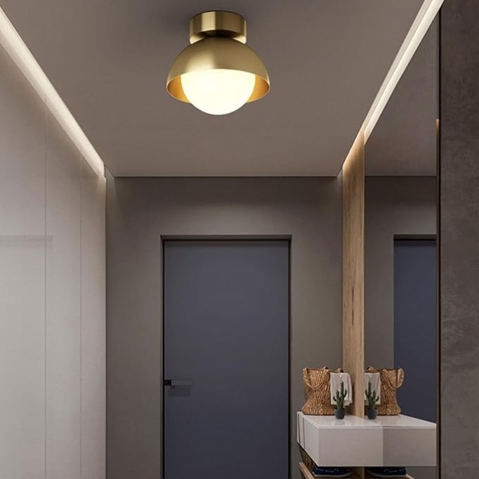 Close To Ceiling Lights White Glass Globe Ceiling Light Mid Century Brass Ceiling Lamp Semi Flush Mount Close to Ceiling Lighting Fixture Compatible with Cloakroom Study Staircase Aisle Corridor Balco