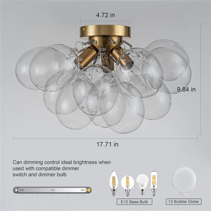 Semi Flush Mount Chandelier Gold Close to Ceiling Light Fixtures Modern Bubble Ball Glass Chandelier Mid Century Ceiling Pendant Light 17.72in 13 Globe for Bedroom Foyer Living Room Kitchen Island