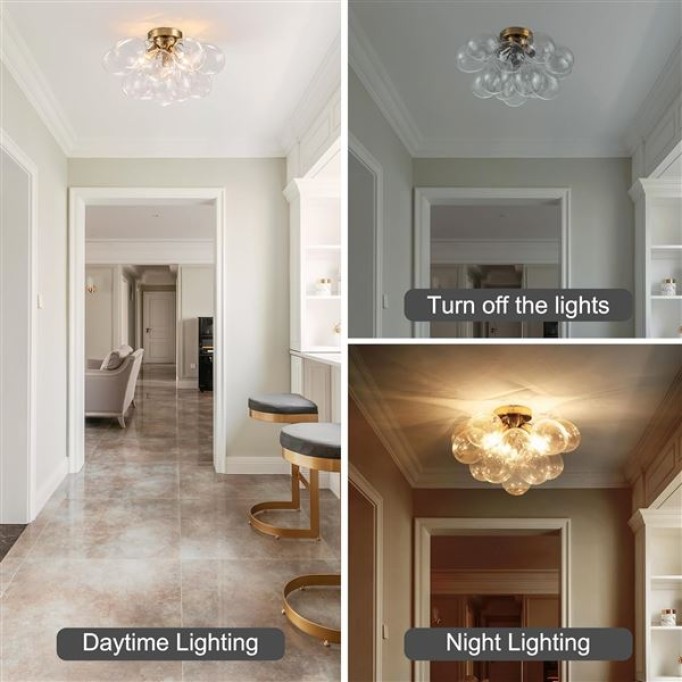 Semi Flush Mount Chandelier Gold Close to Ceiling Light Fixtures Modern Bubble Ball Glass Chandelier Mid Century Ceiling Pendant Light 17.72in 13 Globe for Bedroom Foyer Living Room Kitchen Island
