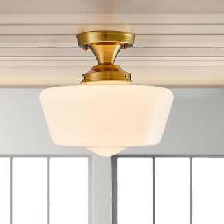 Light Fixture Modern Ceiling Light,Schoolhouse Semi Flush Mount Ceiling Light,Opal Milk Glass,Vintage Light for Farmhouse Bedroom,Bathroom,Hallway (Gold - Opaque)