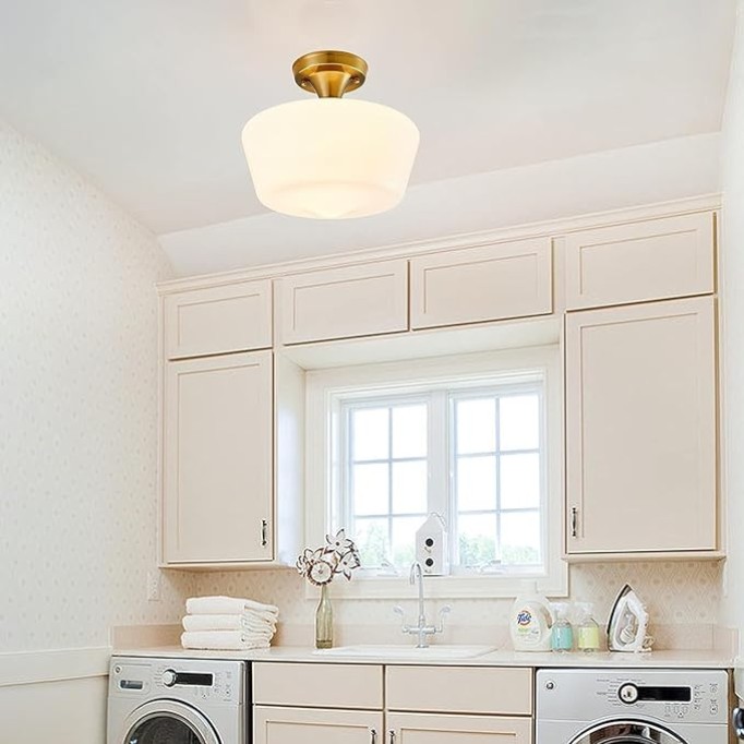 Light Fixture Modern Ceiling Light,Schoolhouse Semi Flush Mount Ceiling Light,Opal Milk Glass,Vintage Light for Farmhouse Bedroom,Bathroom,Hallway (Gold - Opaque)