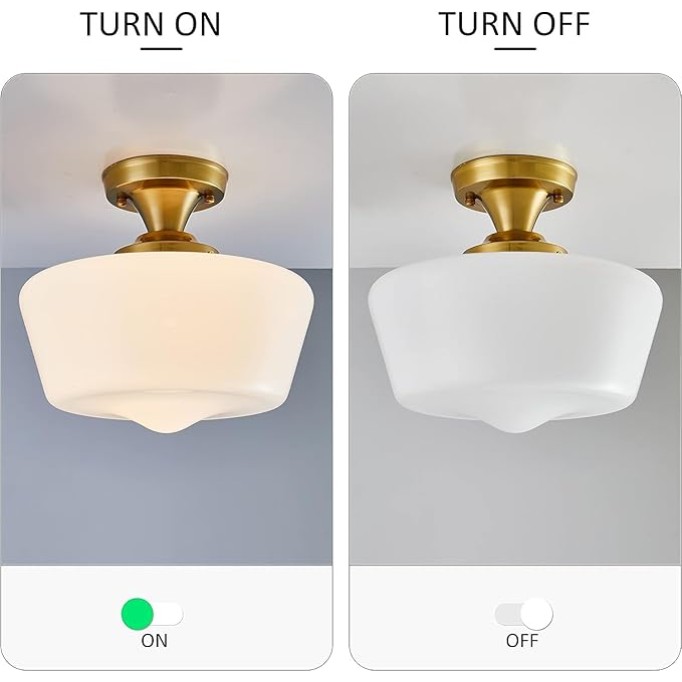 Light Fixture Modern Ceiling Light,Schoolhouse Semi Flush Mount Ceiling Light,Opal Milk Glass,Vintage Light for Farmhouse Bedroom,Bathroom,Hallway (Gold - Opaque)