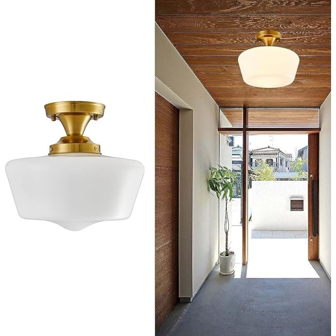 Light Fixture Modern Ceiling Light,Schoolhouse Semi Flush Mount Ceiling Light,Opal Milk Glass,Vintage Light for Farmhouse Bedroom,Bathroom,Hallway (Gold - Opaque)