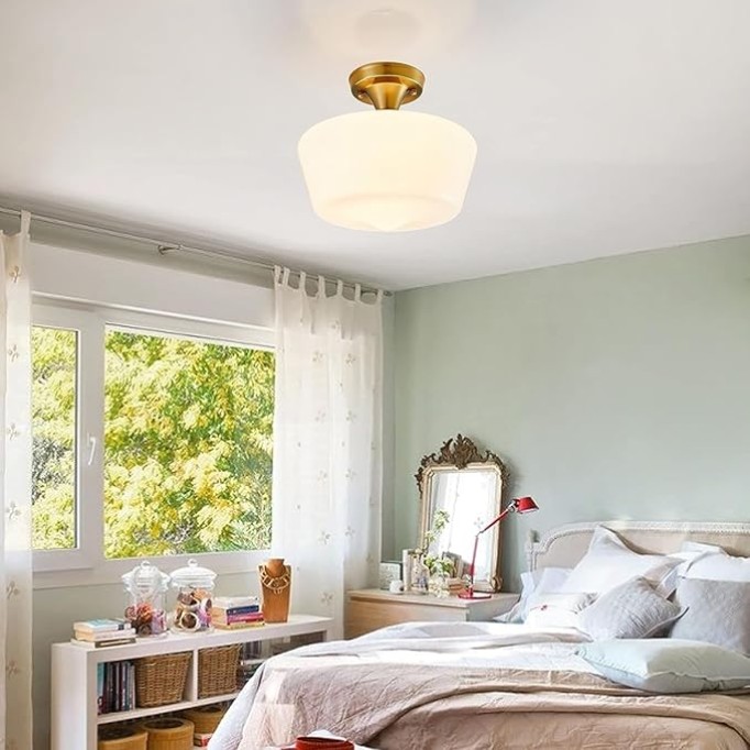 Light Fixture Modern Ceiling Light,Schoolhouse Semi Flush Mount Ceiling Light,Opal Milk Glass,Vintage Light for Farmhouse Bedroom,Bathroom,Hallway (Gold - Opaque)