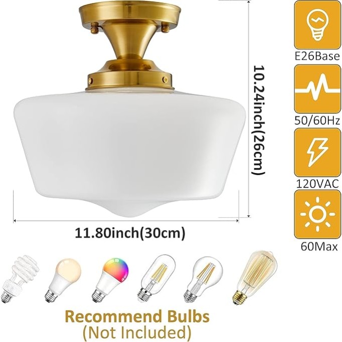 Light Fixture Modern Ceiling Light,Schoolhouse Semi Flush Mount Ceiling Light,Opal Milk Glass,Vintage Light for Farmhouse Bedroom,Bathroom,Hallway (Gold - Opaque)