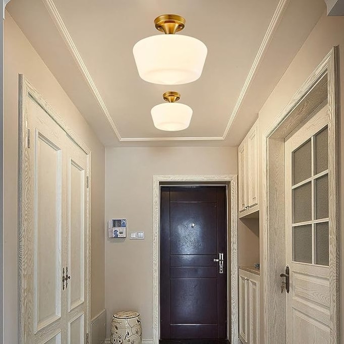 Light Fixture Modern Ceiling Light,Schoolhouse Semi Flush Mount Ceiling Light,Opal Milk Glass,Vintage Light for Farmhouse Bedroom,Bathroom,Hallway (Gold - Opaque)