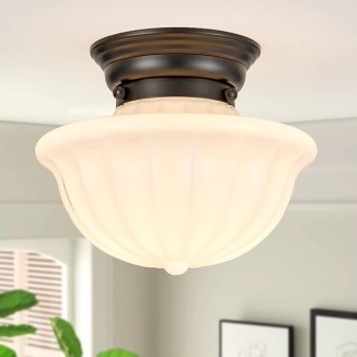 Modern Ceiling Light, Semi Flush Mount Ceiling Light for Schoolhouse, Opal Milk Glass, Vintage Light for Farmhouse Bedroom, Bathroom, Hallway (Black - 9") Made in China