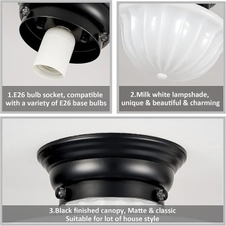 Modern Ceiling Light, Semi Flush Mount Ceiling Light for Schoolhouse, Opal Milk Glass, Vintage Light for Farmhouse Bedroom, Bathroom, Hallway (Black - 9") Made in China