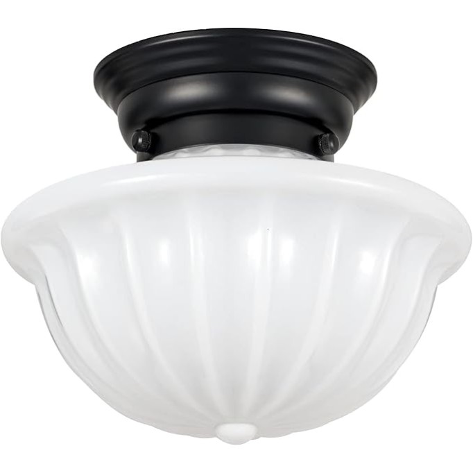 Modern Ceiling Light, Semi Flush Mount Ceiling Light for Schoolhouse, Opal Milk Glass, Vintage Light for Farmhouse Bedroom, Bathroom, Hallway (Black - 9") Made in China