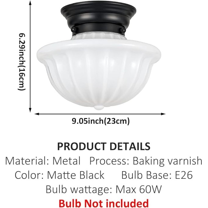 Modern Ceiling Light, Semi Flush Mount Ceiling Light for Schoolhouse, Opal Milk Glass, Vintage Light for Farmhouse Bedroom, Bathroom, Hallway (Black - 9") Made in China