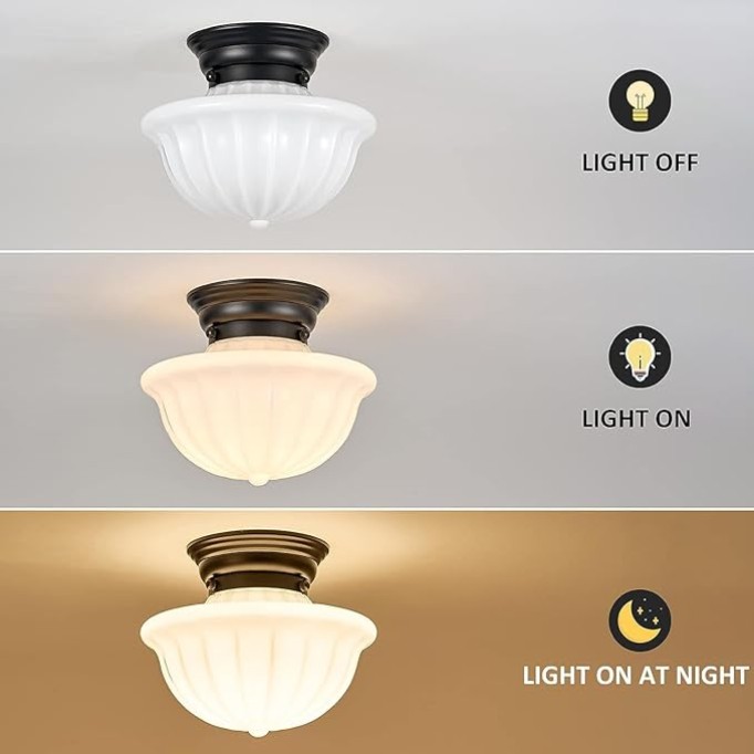 Modern Ceiling Light, Semi Flush Mount Ceiling Light for Schoolhouse, Opal Milk Glass, Vintage Light for Farmhouse Bedroom, Bathroom, Hallway (Black - 9") Made in China