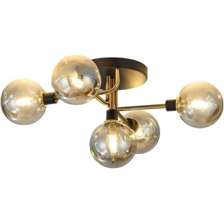 Mid Century Modern Ceiling Light with Globe Glass Shade, 5 Light Black and Gold Semi Flush Mount Sputnik Ceiling Light Fixture, G9 Socket Vintage Close to Ceiling Lamp for Living Room Hallway
