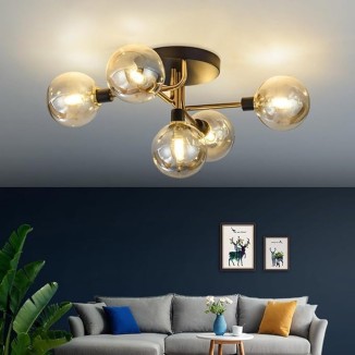 Mid Century Modern Ceiling Light with Globe Glass Shade, 5 Light Black and Gold Semi Flush Mount Sputnik Ceiling Light Fixture, G9 Socket Vintage Close to Ceiling Lamp for Living Room Hallway