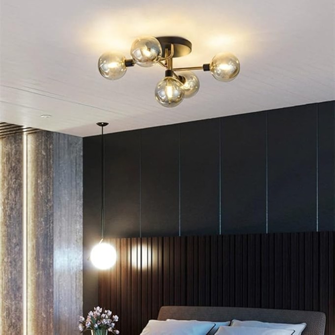 Mid Century Modern Ceiling Light with Globe Glass Shade, 5 Light Black and Gold Semi Flush Mount Sputnik Ceiling Light Fixture, G9 Socket Vintage Close to Ceiling Lamp for Living Room Hallway