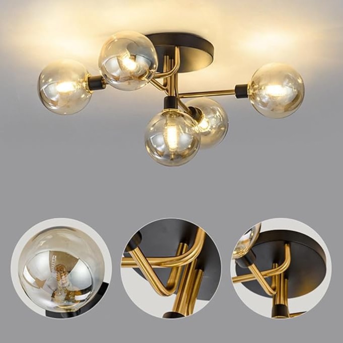 Mid Century Modern Ceiling Light with Globe Glass Shade, 5 Light Black and Gold Semi Flush Mount Sputnik Ceiling Light Fixture, G9 Socket Vintage Close to Ceiling Lamp for Living Room Hallway