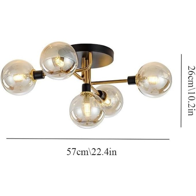 Mid Century Modern Ceiling Light with Globe Glass Shade, 5 Light Black and Gold Semi Flush Mount Sputnik Ceiling Light Fixture, G9 Socket Vintage Close to Ceiling Lamp for Living Room Hallway