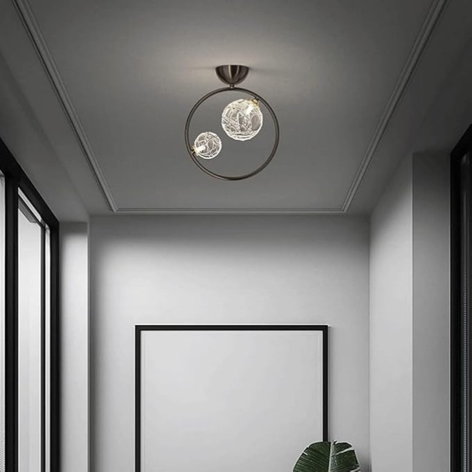 2-Lights Nordic Glass Hallway Ceiling Light Modern Minimalist Black Ring Kitchen Ceiling Lamp Fixture Mid Century Creativity Brushed Copper Finish Bedroom Chandelier for Living Room Aisle(Dark)
