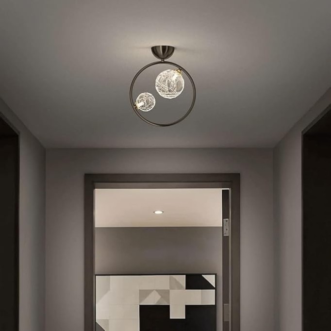 2-Lights Nordic Glass Hallway Ceiling Light Modern Minimalist Black Ring Kitchen Ceiling Lamp Fixture Mid Century Creativity Brushed Copper Finish Bedroom Chandelier for Living Room Aisle(Dark)
