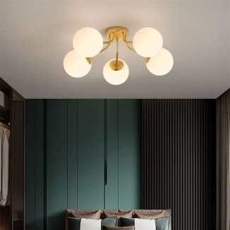 Modern Sputnik Ceiling Light Semi Flush Mount Mid Century 5-Head Chandelier E27 Frosted Glass Globe Lampshade Ceiling Lamps Fixtures Bedroom Living Room Lighting