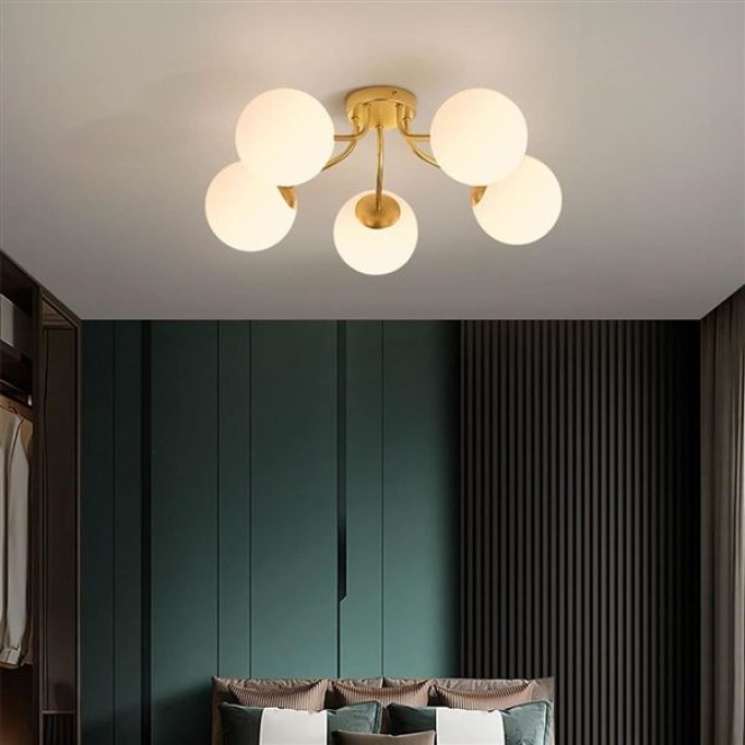 Modern Sputnik Ceiling Light Semi Flush Mount Mid Century 5-Head Chandelier E27 Frosted Glass Globe Lampshade Ceiling Lamps Fixtures Bedroom Living Room Lighting