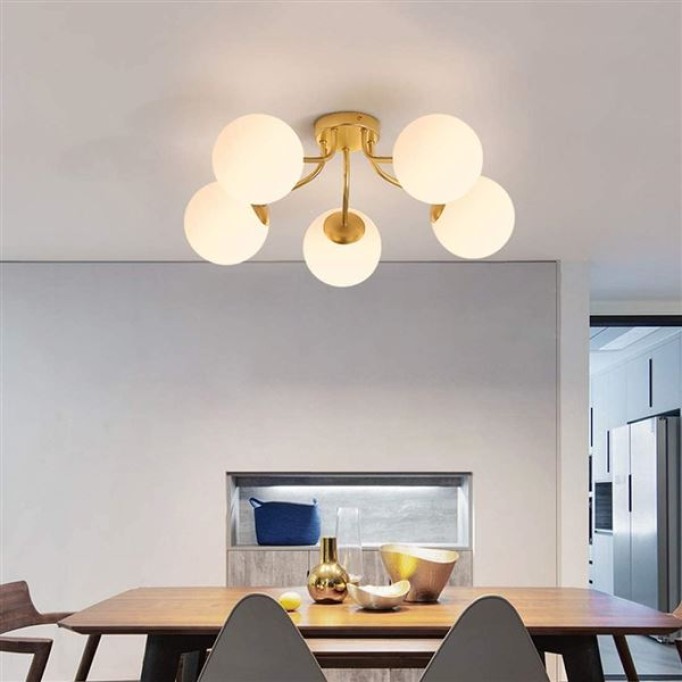 Modern Sputnik Ceiling Light Semi Flush Mount Mid Century 5-Head Chandelier E27 Frosted Glass Globe Lampshade Ceiling Lamps Fixtures Bedroom Living Room Lighting