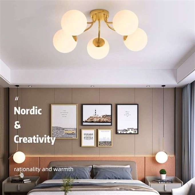 Modern Sputnik Ceiling Light Semi Flush Mount Mid Century 5-Head Chandelier E27 Frosted Glass Globe Lampshade Ceiling Lamps Fixtures Bedroom Living Room Lighting