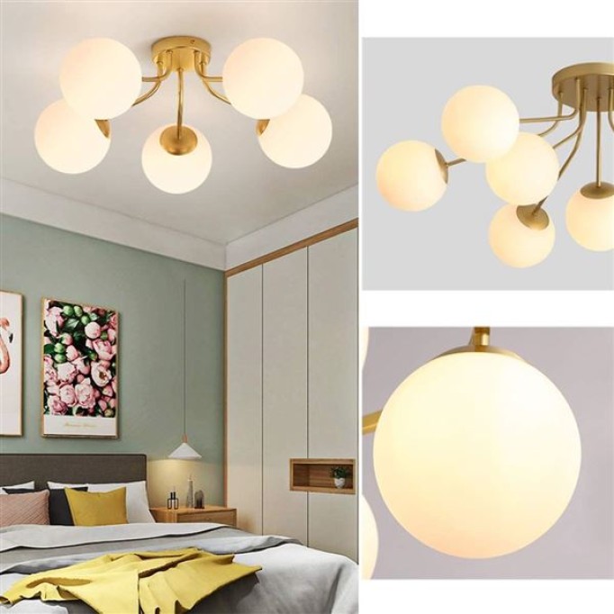 Modern Sputnik Ceiling Light Semi Flush Mount Mid Century 5-Head Chandelier E27 Frosted Glass Globe Lampshade Ceiling Lamps Fixtures Bedroom Living Room Lighting