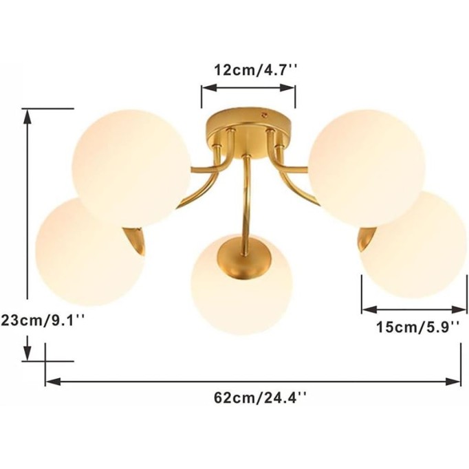 Modern Sputnik Ceiling Light Semi Flush Mount Mid Century 5-Head Chandelier E27 Frosted Glass Globe Lampshade Ceiling Lamps Fixtures Bedroom Living Room Lighting