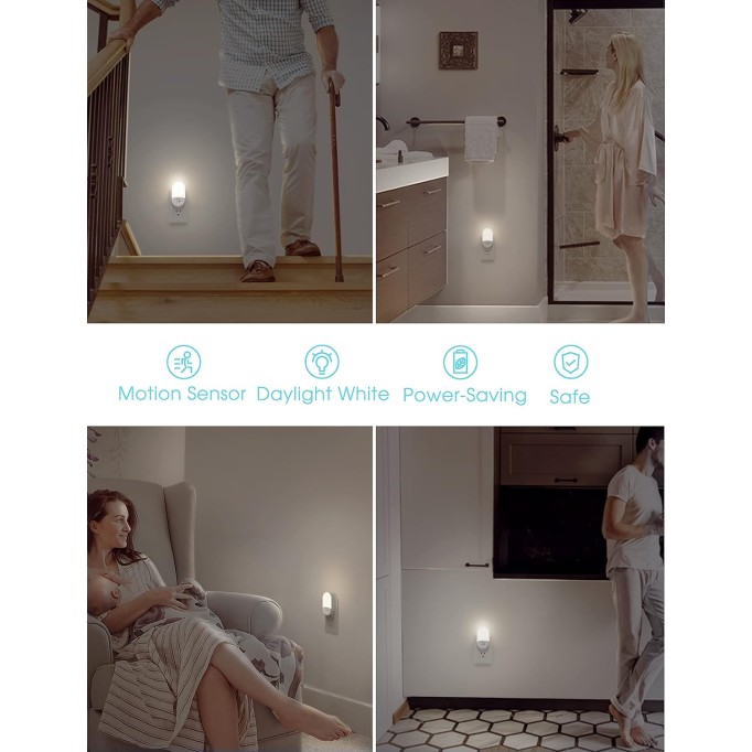 LED Night Light, 4 Pack Motion Sensor, Adjustable Brightness, Daylight White, for Hallway, Bathroom, Kids