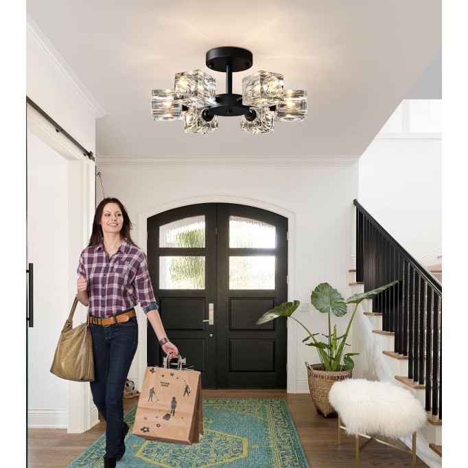 Crystal Semi Flush Mount Ceiling Light, Black Modern Industrial Sputnik Chandelier Light Fixtures for Living Room Hallway Entryway Bedroom Dining Room Kitchen Porch Laundry Room