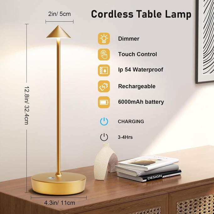 Set of 2 Rechargeable Cordless Table Lamp,6000mAh LED Battery Operated Desk Lamp Touch 3 Color Dimming Portable Outdoor Waterproof Table Light for Patio/Restaurant/Dining/Home(Gold)