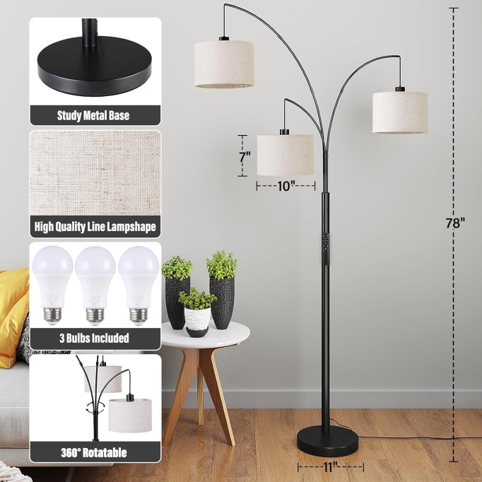 3 Lights Floor Lamp with Remote Control and 3 Stepless Dimmable Bulbs, 78" Tall Standing Lamp with Hanging Drum Shade & Heavy Base, Modern Arc Floor Lamps for Living Room, Bedroom, Office