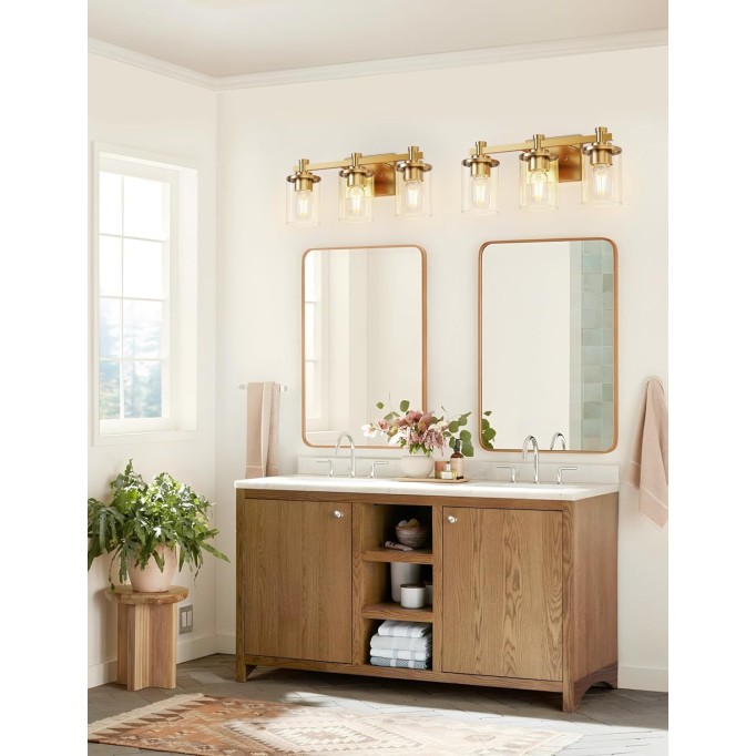 3 Light Bathroom Vanity Light- Modern Gold Bathroom Lighting Fixtures Over Mirror with Clear Glass Shade, Vintage Vanity Lights Fixture for Mirror Bedroom Hallway Living Room Powder Room