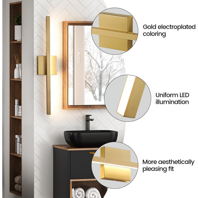 Gold Bathroom Light Fixture - 23.6 inch Brushed Gold Bathroom Vanity Light Over Mirror 18W LED Dimmable Wall Sconce Lighting Fixture for Bathroom Bedroom