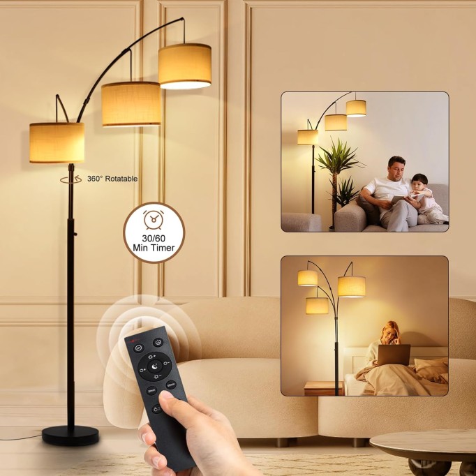 3 Light Arc Floor Lamp with Remote Control, Dimmable Floor Lamps for Living Room Bright Lighting, 3 Color Temperature, Tall Standing Lamp, Mid Century Tree Floor Lamp for Bedroom Office(Black)