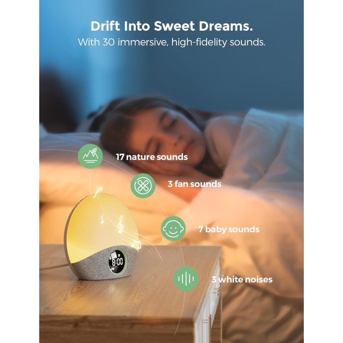 Sunrise Alarm Clock Wake Up Light Sound Machine for Sleep, White Noise Machine with Dimmable Night Light, 30 Soothing Sleep Sounds 7 Colors, Brown Noise Sleep Aid, Ideal Gift Baby Kids Adult