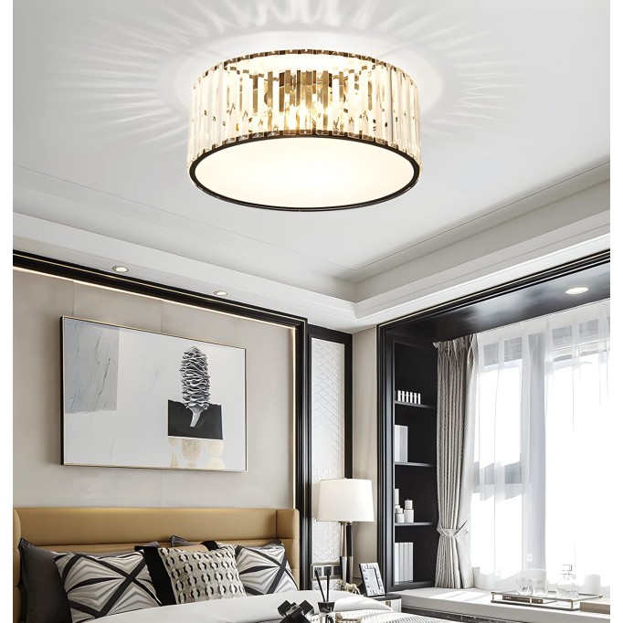 Black Crystal Flush Mount Light Fixture BIGMAII Modern Round Ceiling Light Minimalist LED Ceiling Lamp 4 Lights for Bedroom Hallway Laundry Room Dining Room Kitchen, 16"