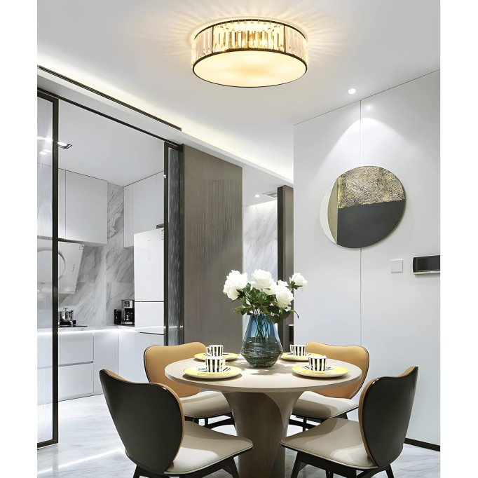 Black Crystal Flush Mount Light Fixture BIGMAII Modern Round Ceiling Light Minimalist LED Ceiling Lamp 4 Lights for Bedroom Hallway Laundry Room Dining Room Kitchen, 16"