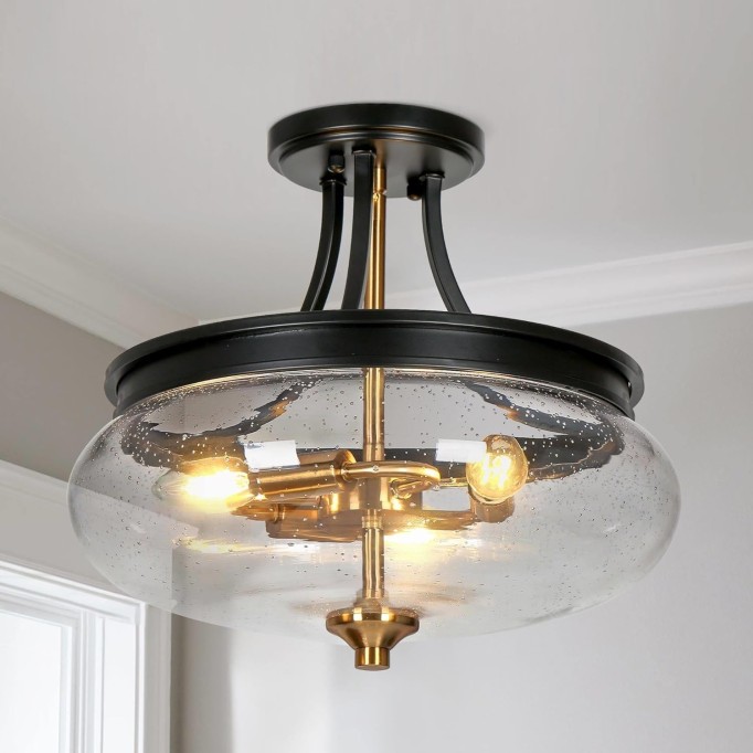 Semi Flush Mount Ceiling Light, Black Gold Close to Ceiling Light Fixture 3 Light Modern Farmhouse Ceiling Light with Seeded Glass for Kitchen Bedroom Hallway Entryway